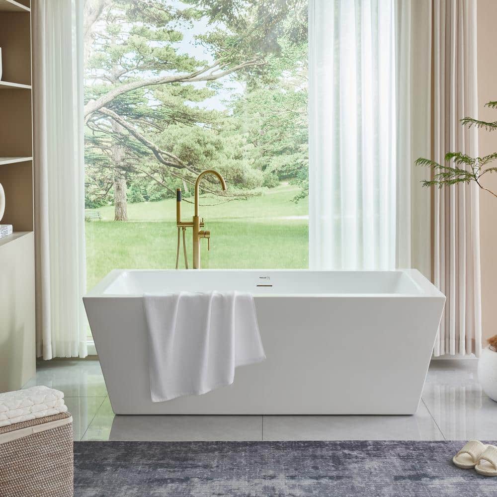 67" White Acrylic Freestanding Soaking Bathtub with Overflow