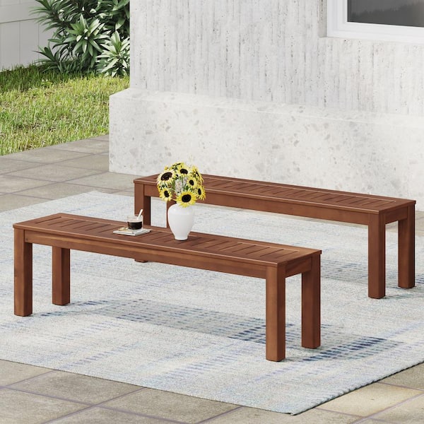 Unbranded Wood Outdoor Ottoman, 61.75 in. Acacia Wood Bench (Set of 2)