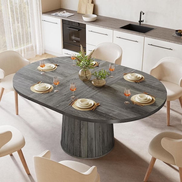 Roesler Grey Wood 55" in. Pedestal Oval Dining Table Seats 6 for Kitchen, Dining Room
