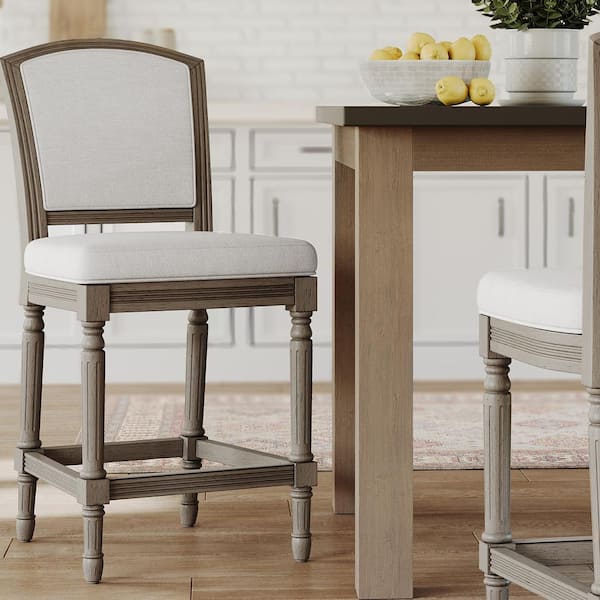 Charleston 26 in. Counter-Height Weathered Gray High-Back Wood Bar Stool with Gray Upholstered Seat