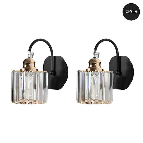 ANGELES HOME 5.4 in. 1-Light Black Bathroom Vanity Light Wall Fixture for Bathroom Mirror with Crystal Shades (2-Packs)
