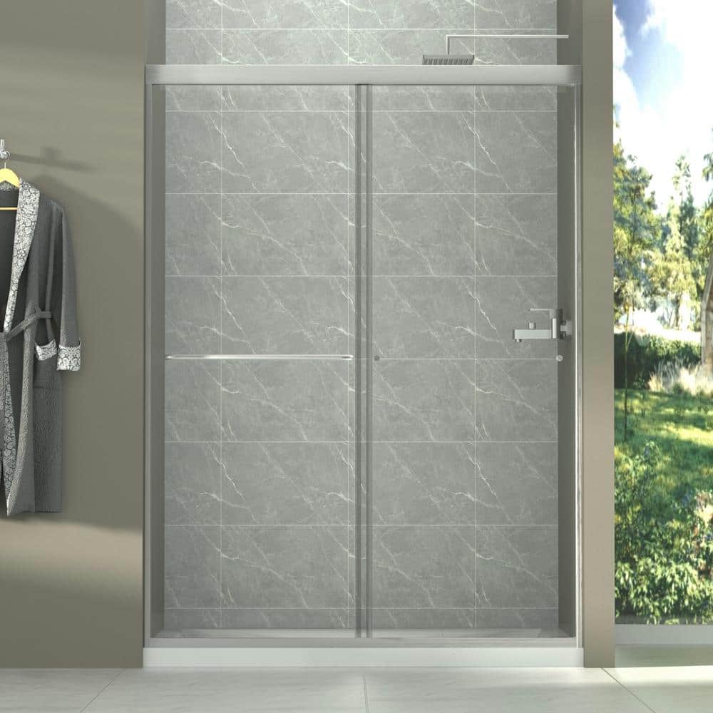 54" Brushed Nickel Framed Sliding Shower Door with Clear Glass
