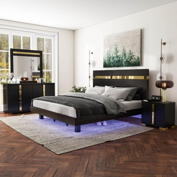 Furniture of America Halifax Modern 4-Piece Wood Black Platform Bedroom Set with Underbed LED - Full Furniture of America Halifax Modern 4-Piece Wood Black Platform Bedroom Set with Underbed LED - Full