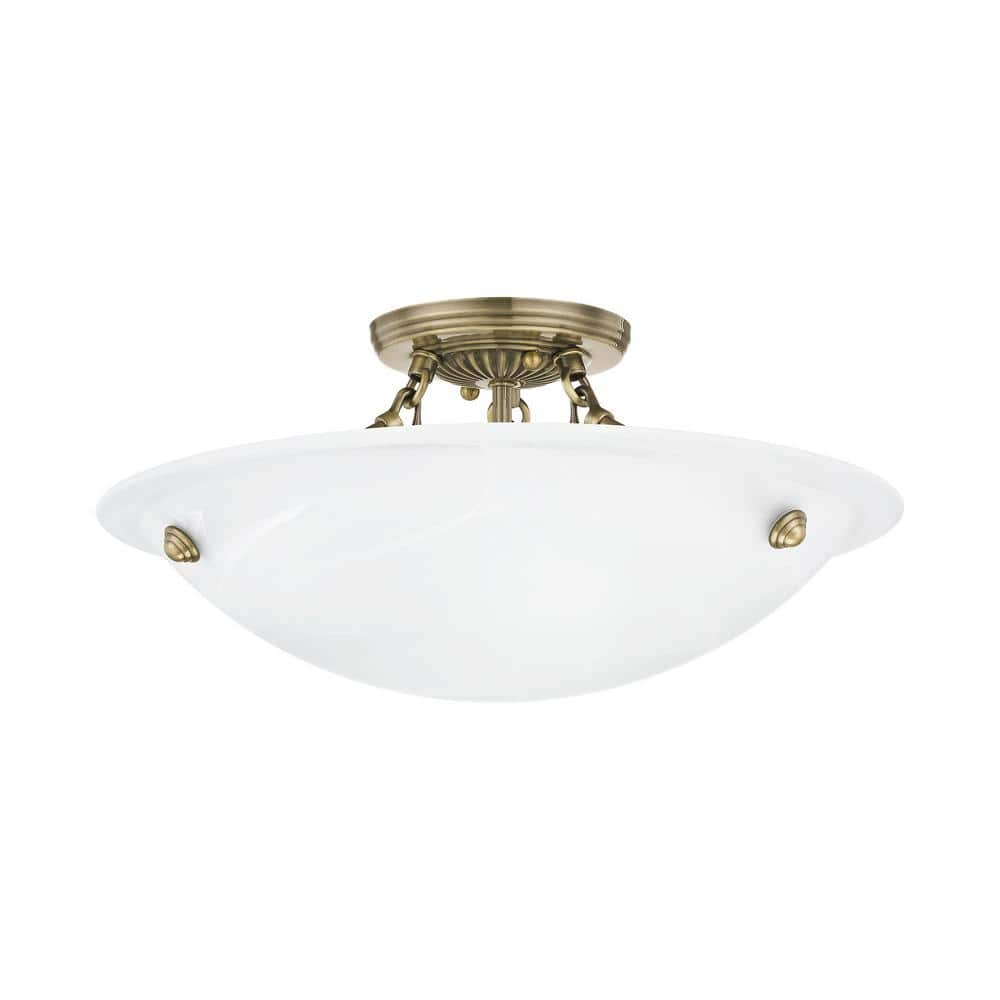 Antique Brass Elegance 3-Light Flush Mount with White Alabaster Glass