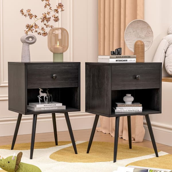 VECELO Nightstands Set of 2, Industrial 2-Tier Wood End