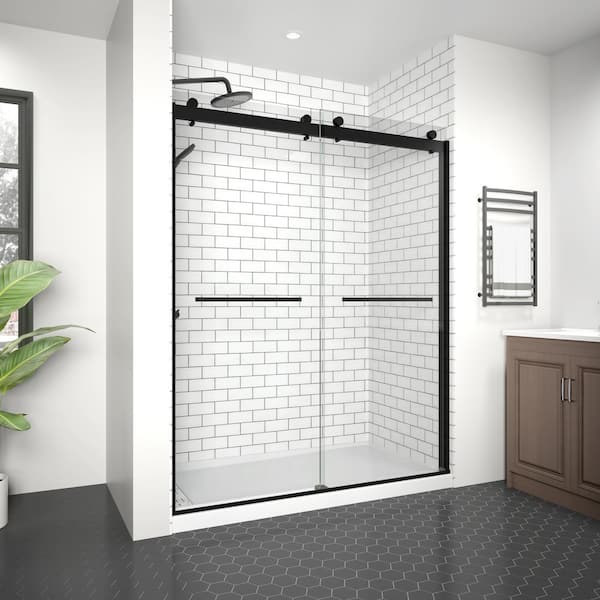 Modern 60 in. W x 74 in. H Double Sliding Frameless Shower Door in Matte Black Finish with 5/16 in. (8mm) Clear Glass