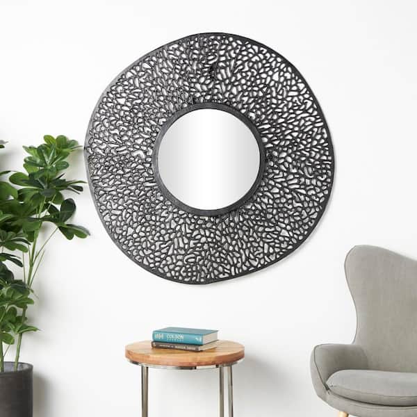 Litton Lane 45 in. x 44 in. Abstract Round Framed Black Wall Mirror with Open Lattice Frame