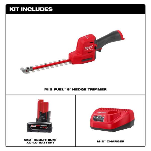 Milwaukee M12 FUEL 8 in. 12V Lithium Ion Brushless Cordless Hedge Trimmer Kit with 4.0 Ah Battery and Charger 2533 21 The Home Depot