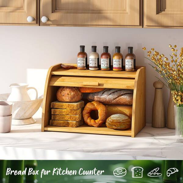 Numhew 1-Piece Large Capacity Natural Bamboo Corner Bread Box for