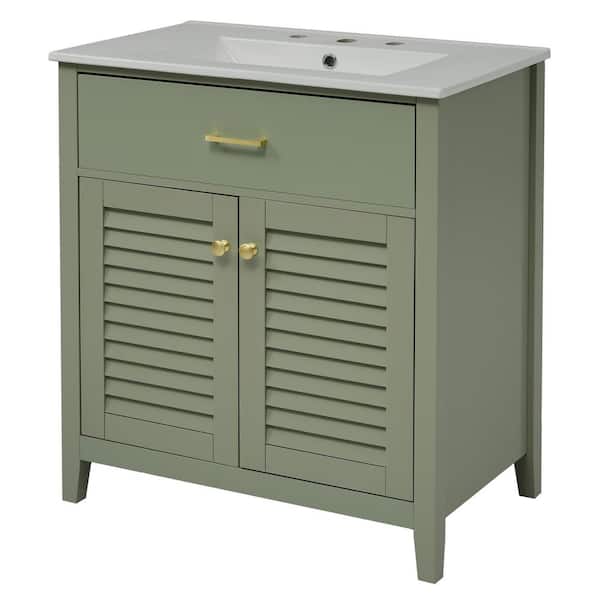 Cesicia 30 in. W Freestanding Bath Vanity in Green with White Ceramic Top and Multifunctional Shelf Dividers