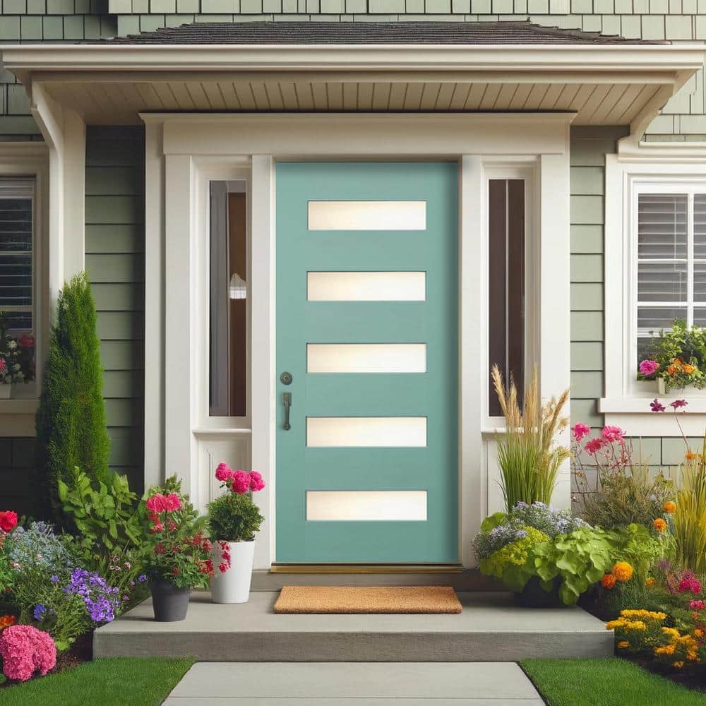 Kiwi Green Modern Exterior Fiberglass Front Door with Frosted Glass