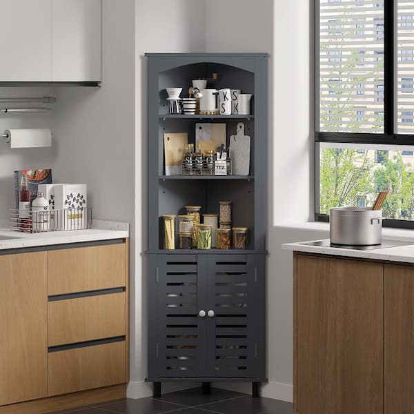 Space-Saving Corner Bathroom Storage Cabinet, 68.5 in. Freestanding Linen Tower with Open Shelves and Double Doors, Gray