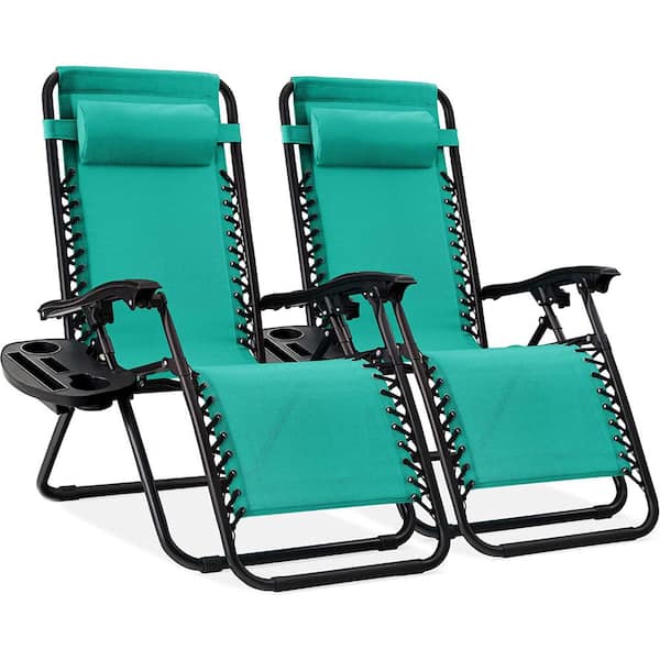 Unbranded Set of 2 Adjustable Steel Mesh Zero Gravity Lounge Chair Reclinerswith Pillows and Cup Holder Trays - Mint