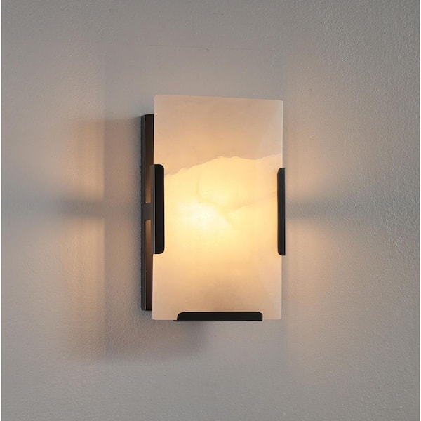 9.8 in. 1-Light 2-Piece Black Wall Sconce, Natural Alabaster Wall Lighting for Living Room, Bathroom, Hallway, Bedroom