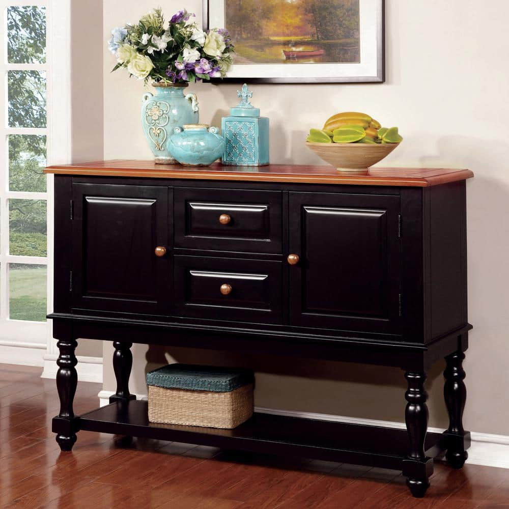 Stanley Black and Antique Oak Solid Wood 52.25 in. Buffet Server with Multiple Drawers -  Furniture of America, IDF-3431SV