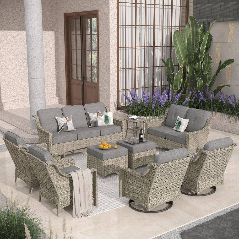 Toject Eureka Gray 9-Piece Wicker Modern Outdoor Patio Conversation Sofa Seating Set with Swivel Chairs and Dark Gray Cushions