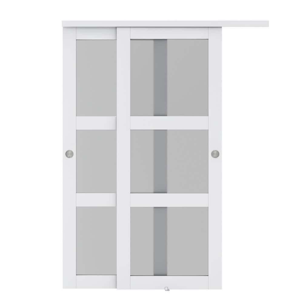 CALHOME 60 in. x 80 in. 3-Lite Frosted Tempered Glass Sliding Double Bypass Closet Doors with Installation Hardware Kit, White -  GC03-3LITE-60-W