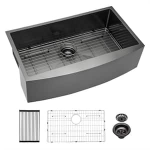 Black 16-Gauge Stainless Steel 30 in. Single Bowl Corner Farmhouse Apron Workstation Kitchen Sink without Faucet