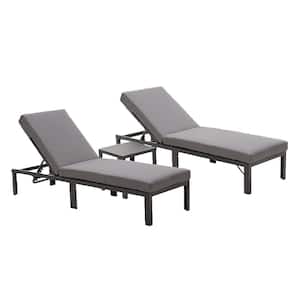Gray 3-Piece Aluminum Outdoor Chaise Lounge Chair and 5-Position Adjustable Recliner with Coffee Table