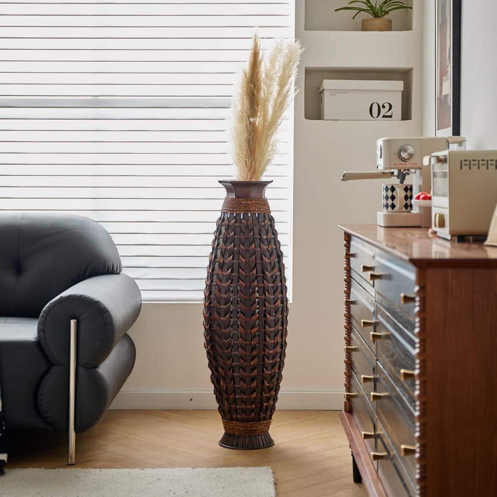 Tall Black Bamboo Floor Vase with Wicker Woven Design, 39 Inches High