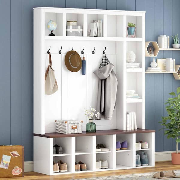 Farmhouse Wooden Hall Tree with 6 Hooks, Walnut Storage Bench with Adjustable Shelves, 13 Cubbies, Whiteplus Walnut