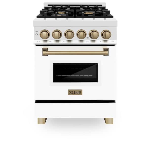 Autograph Edition 24 in. 4 Burner Dual Fuel Range in Stainless Steel, White Matte and Champagne Bronze