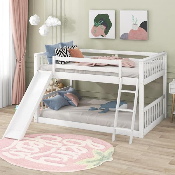 Polibi White Full Over Full Bunk Bed with Convertible Slide and Ladder