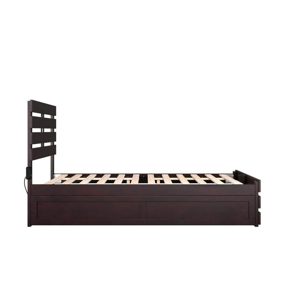 Espresso Full Wood Platform Bed with Trundle and Headboard