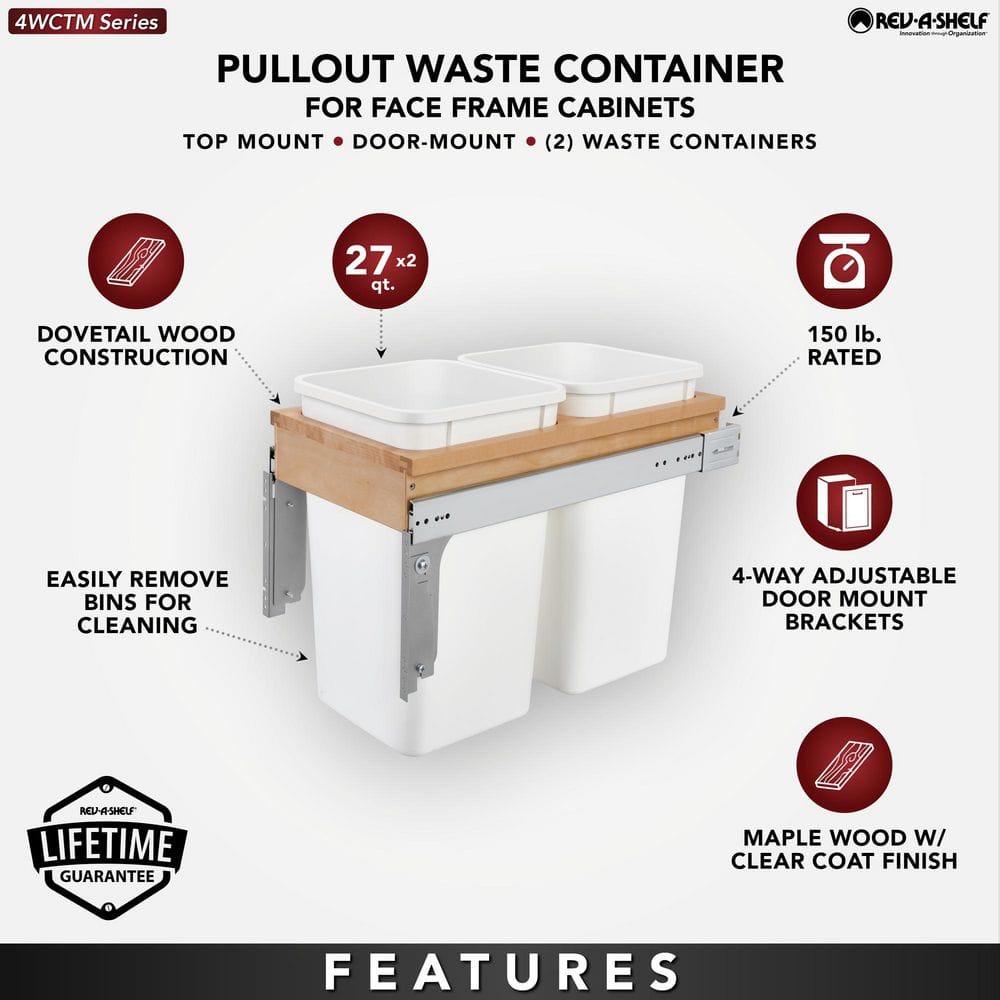 White Double Pull-Out Trash Bin with Maple Mount