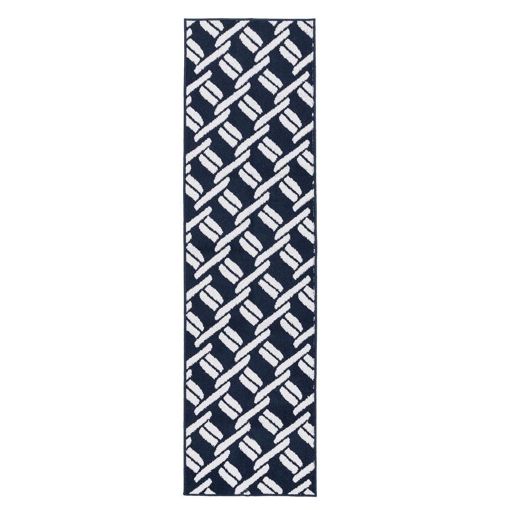 Navy and White Geometric Tufted Runner Rug
