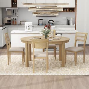5-Piece Round Natural Wood Wooden Extendable Dining Table Set with 4 Upholstered Chairs