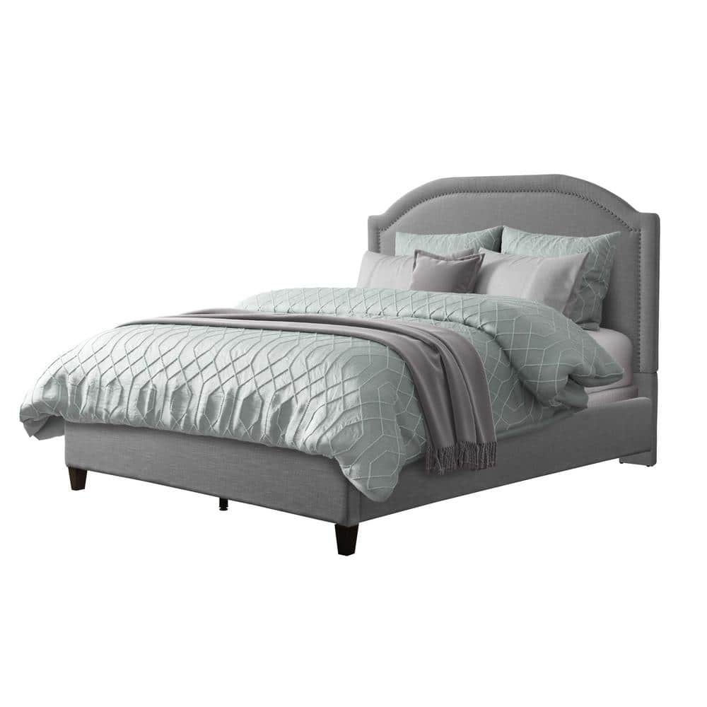 Arched Light Gray Upholstered Double Bed with Nailhead Trim