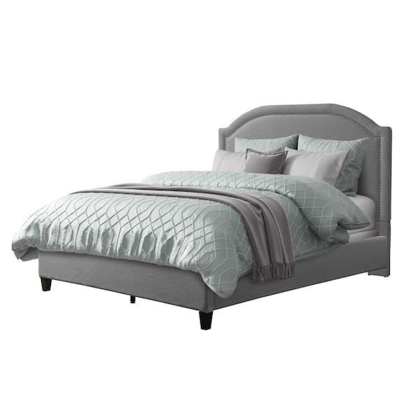 CorLiving Florence Grey Fabric Full Bed Frame with Arched Headboard and Nailhead Trim Accents