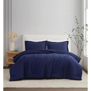 3-Piece Navy Blue Solid 100% Linen Full/Queen Comforter Set