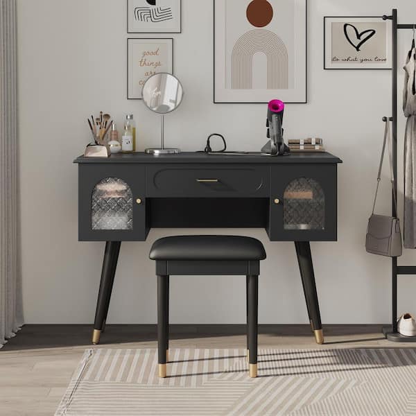 Black 40 in. W Makeup Vanity with One Drawer, Dresser Set with Chair(Without Mirror)