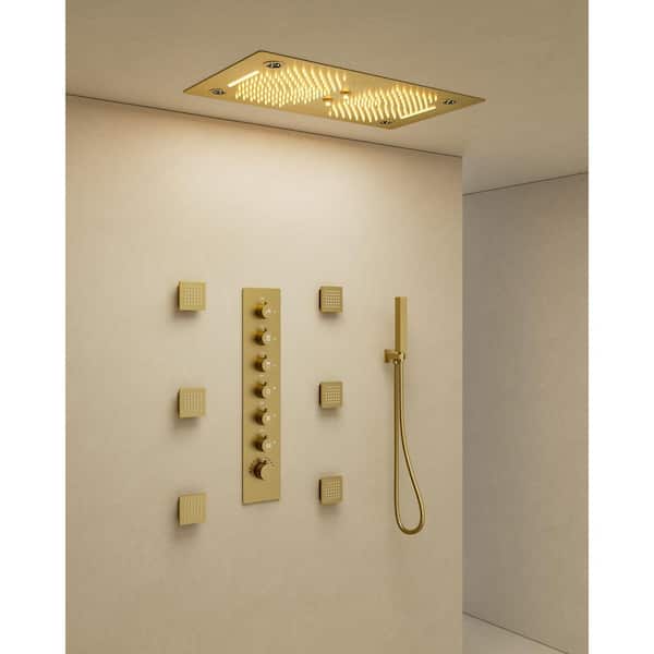 YAWWALK Bluetooth Music and LED Mood Lighting 6-Spray 28 in. x 16 in. Ceiling Mount Dual and Hand Shower 2.5 GPM in Brushed Gold