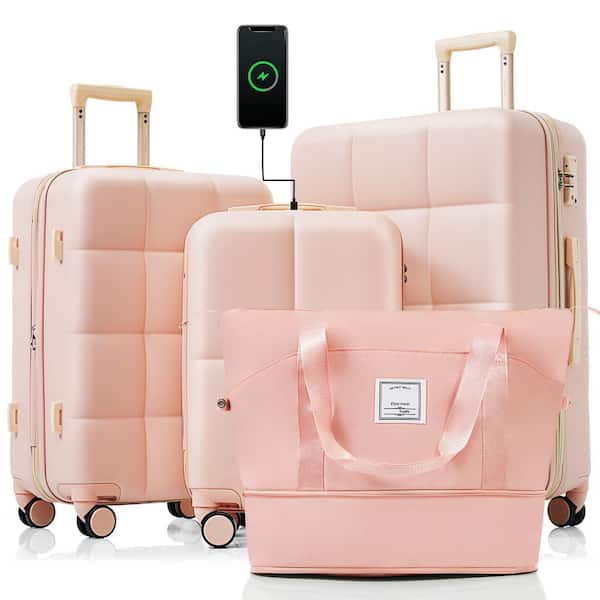 Merax 4-Piece Pink Expandable ABS Hardshell Spinner 20 in., 24 in., 28 in., Luggage Travel Bag, USB Port, Cup Holder, Hooks