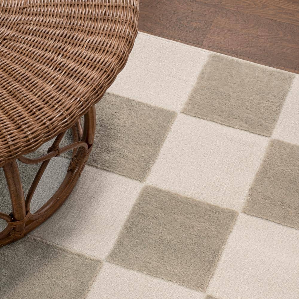 Beige and Cream Geometric Checkerboard 5 x 8 Area Rug