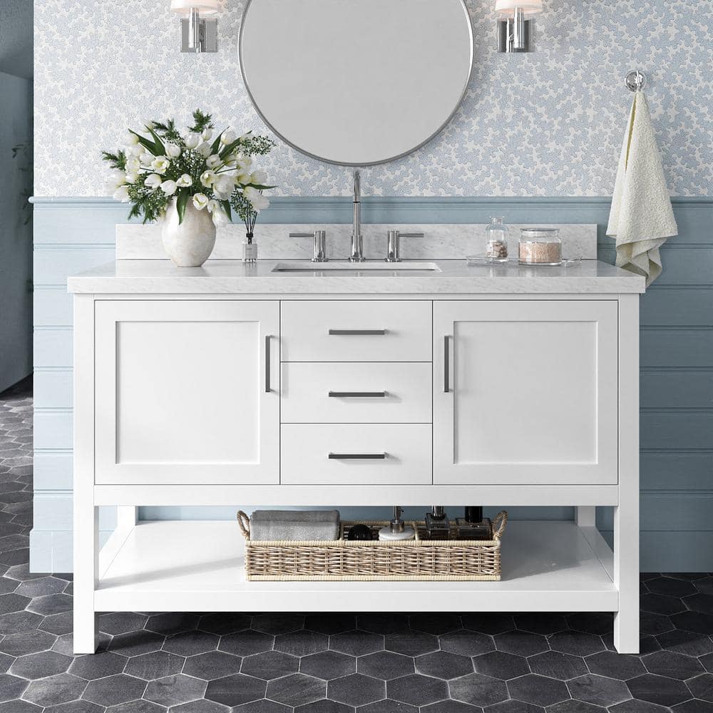 Bayhill 55 in. W x 22 in. D x 36 in. H Bath Vanity in White with Carrara White Marble Top -  ARIEL, R055SCWRVOWHT