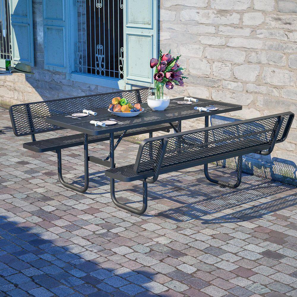 72.2 in. Black Rectangle Steel Picnic Table Seats 4-6 People with Umbrella Hole and Backrest price history on PriceWatchPro