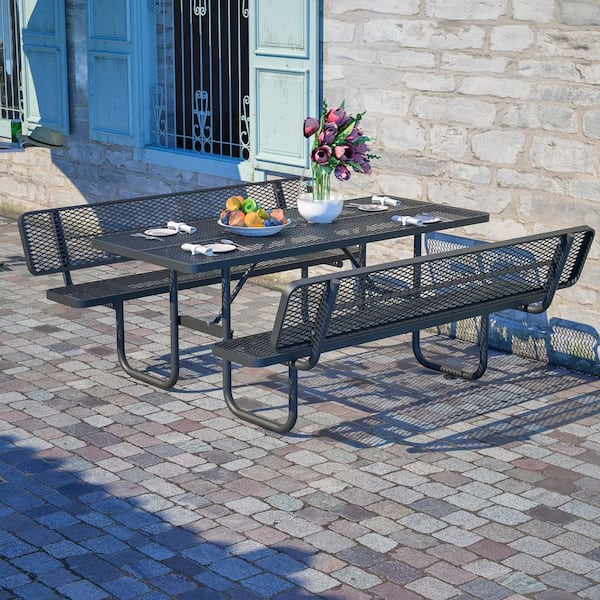 72.2 in. Black Rectangle Steel Picnic Table Seats 4-6 People with Umbrella Hole and Backrest