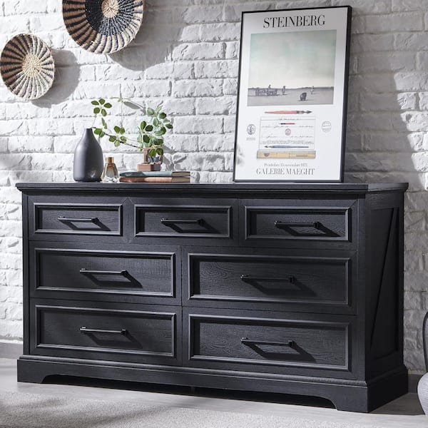 Black 7 drawer 52 in. W Dresser Farmhouse Style Dressers for Bedroom, Living Room, Hallway