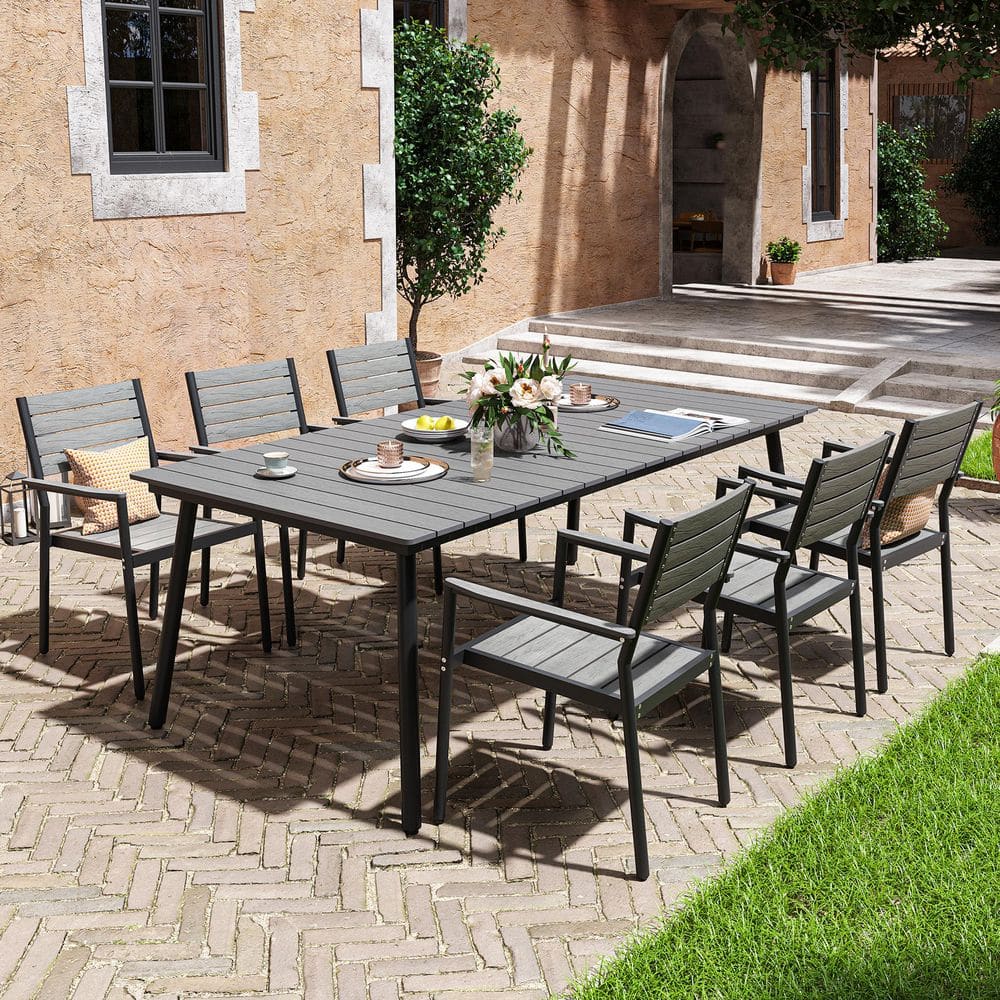 82.5 in. Gray Aluminum Wood-Like Outdoor Dining Set with Umbrella Hole and Stackable Armchairs (7 Pieces) price history on PriceWatchPro