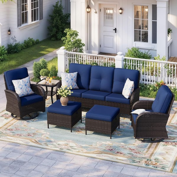 6-Piece Deep Brown Wicker Outdoor Patio Conversation Set Deep Seating Set with Blue Cushions