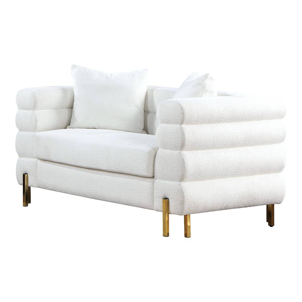 Luxurious White Boucle Fabric Sofa and Loveseat Set with Gold Legs