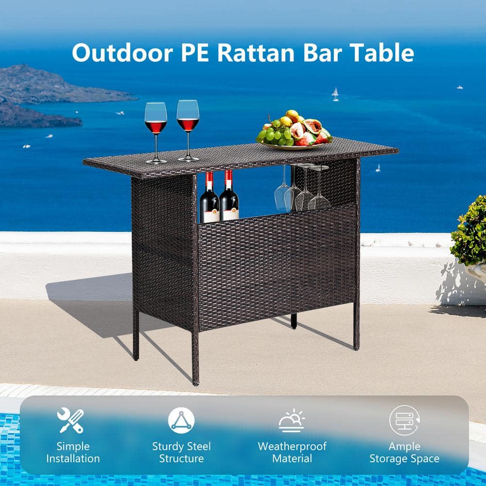 Brown Steel and Wicker Outdoor Bar Table with Shelves