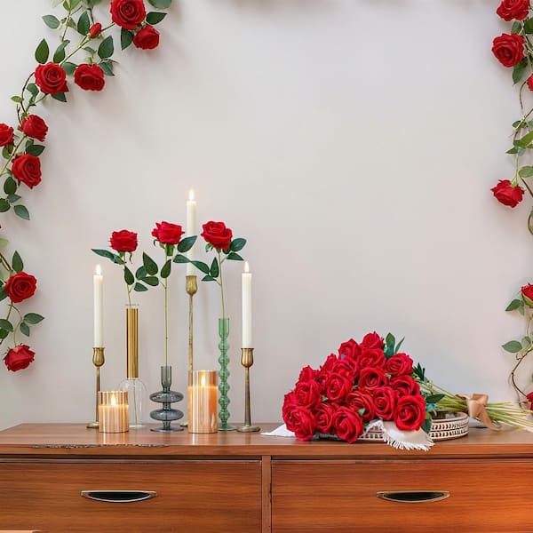 20.1 in. Romance Series Red Indoor Artificial Roses in Clear Glass