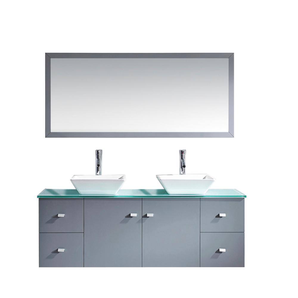 Virtu USA Clarissa 60 in. W Bath Vanity in Gray with Glass Vanity Top