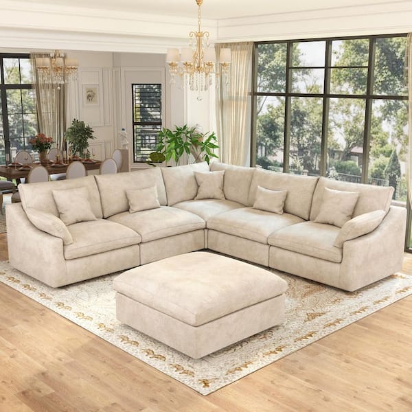 J&E Home 119.29 in. W Square Arm Linen Modern Large 6-Piece L-Shape Sectional Sofa with Removable Ottomans in Brown