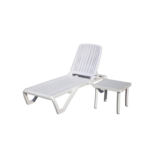 Zeus & Ruta White Plastic Outdoor Chaise Lounge, Adjustable Recliner with Table for in-Pool, Beach, Poolside, Lawn, Porch